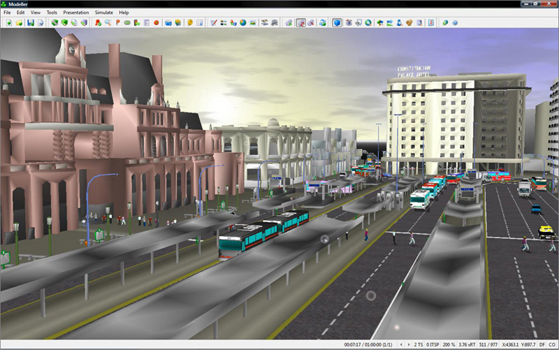 Realistic 3D street scenes allow planners to convey transportation plans, and with integrated simulation they can also convey the performance of those plans.  Image courtesy of Quadstone Paramics, a Pitney Bowes company.