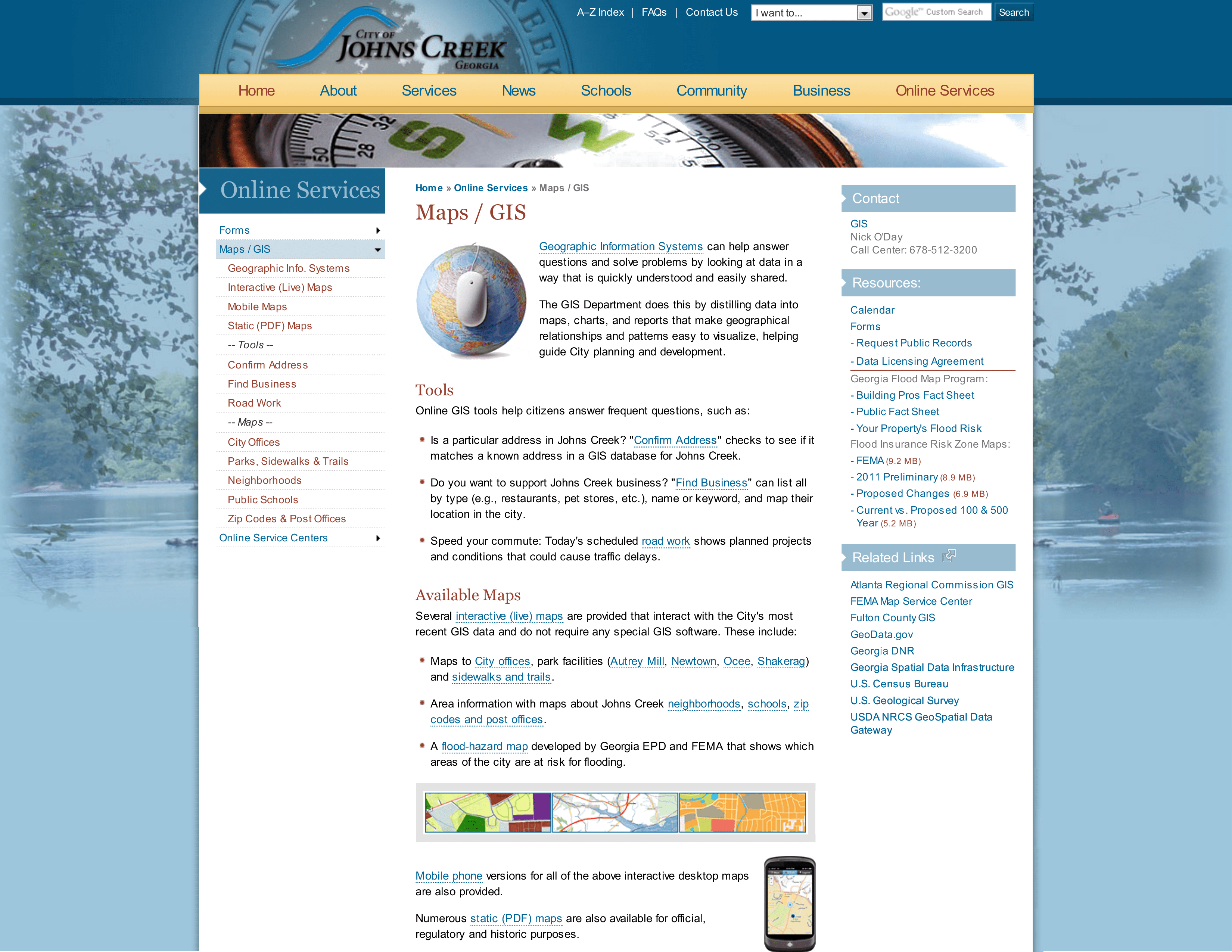 This is the GIS homepage in the City of Johns Creek, GA’s website describing to visitors what GIS is and the web tools available to users.