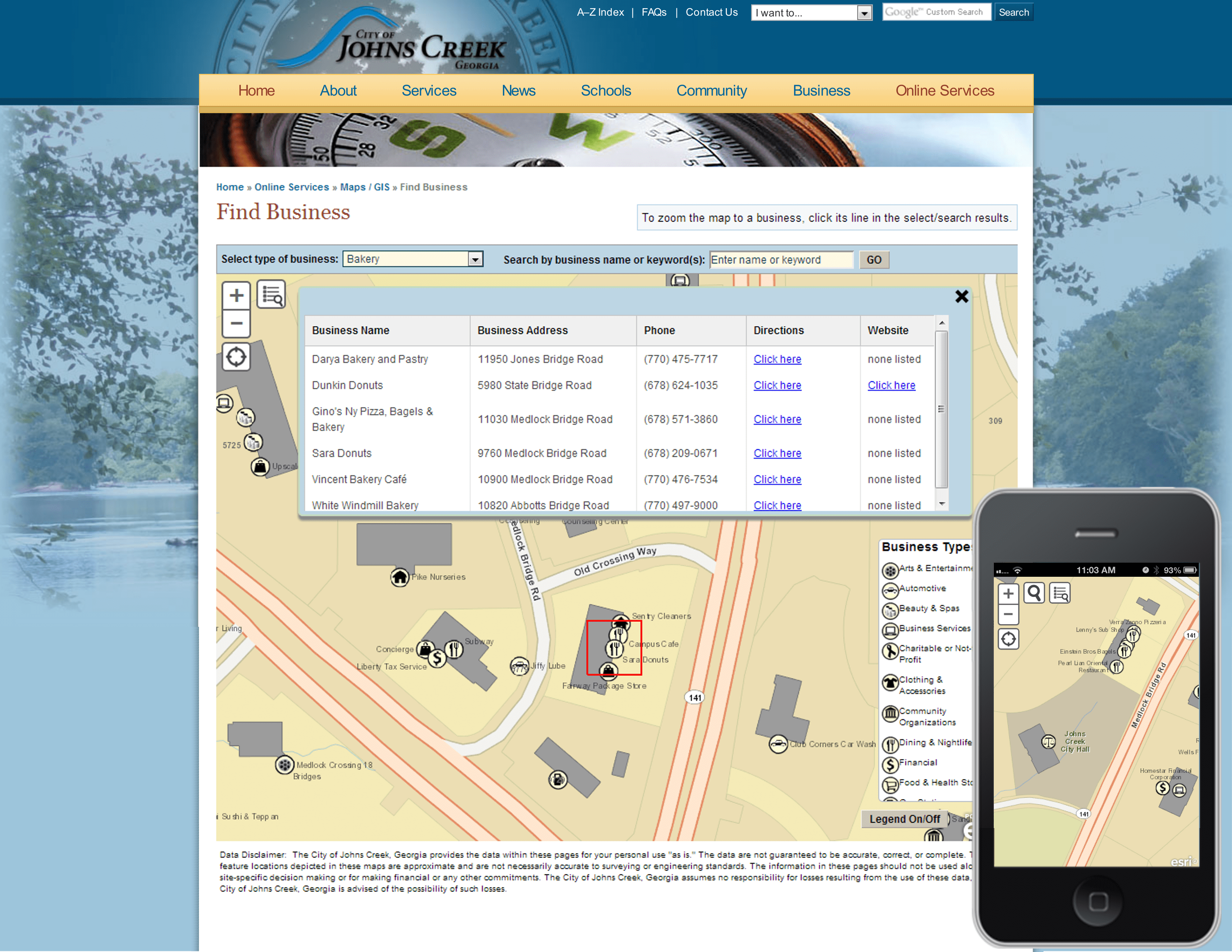 The City of Johns Creek, GA’s “Find Business” map (shown on a desktop and on an iPhone) offers users the ability to search for, and patronize, businesses within the city limits. This app supports the city’s efforts to encourage Johns Creek residents and visitors to buy locally.