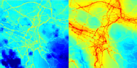 The detailed maps show clear differences in ultrafine particle pollution in spring (left) and winter (right). Photo: ETH Zurich