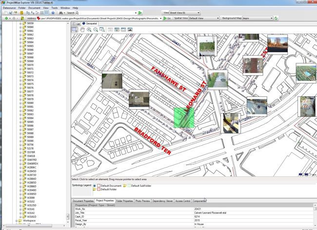 ProjectWise Geospatial Management allows the searchable metadata from geocoded photos to be captured by ProjectWise and displayed on a basemap.
