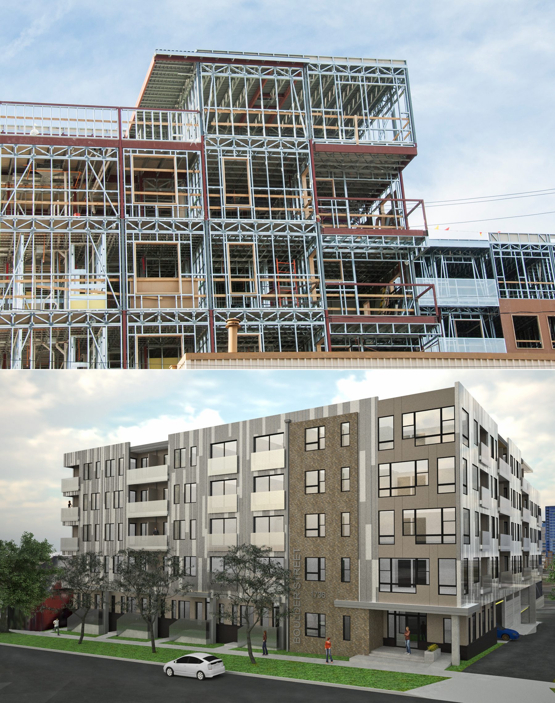 Components of the structural system can be seen in these photos of the B Street LoHi building.
