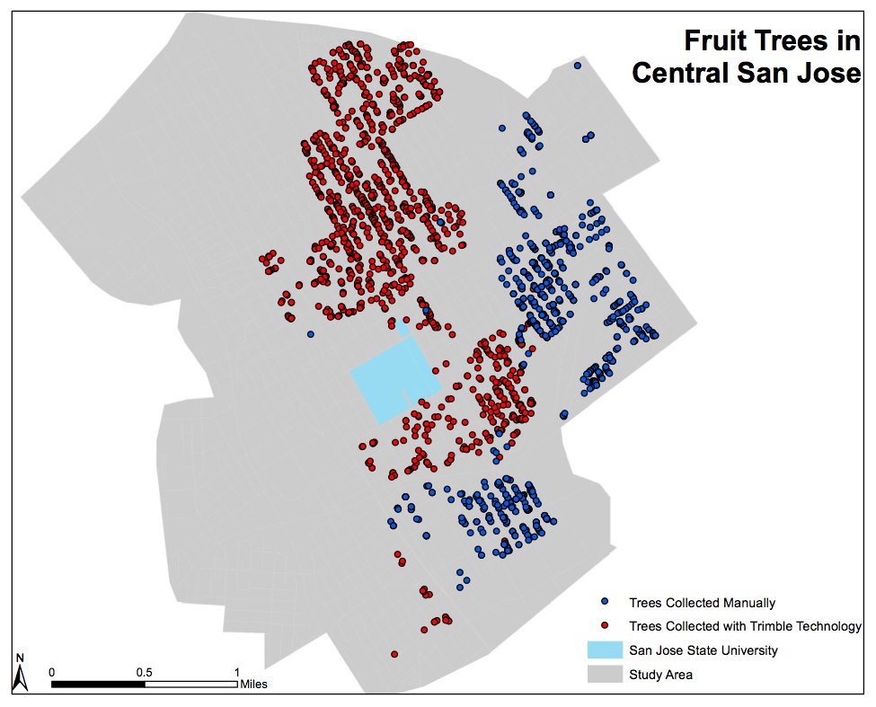 Blue dots indicate locations of trees inventoried with manual data collection, while Red dots show trees captured with the Trimble Urban Forestry solution. Inventory productivity increased by 1.5 times in one-sixteenth the personnel time.
