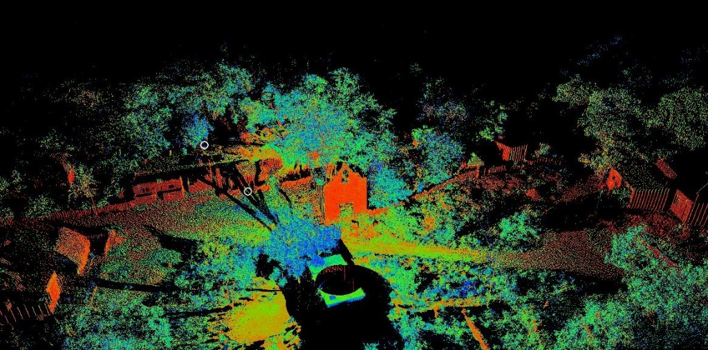 Geodetic photography image overlaid with point cloud of Chebalam site Maya family structure. Geodetic scanning image of Tixhulactun site 