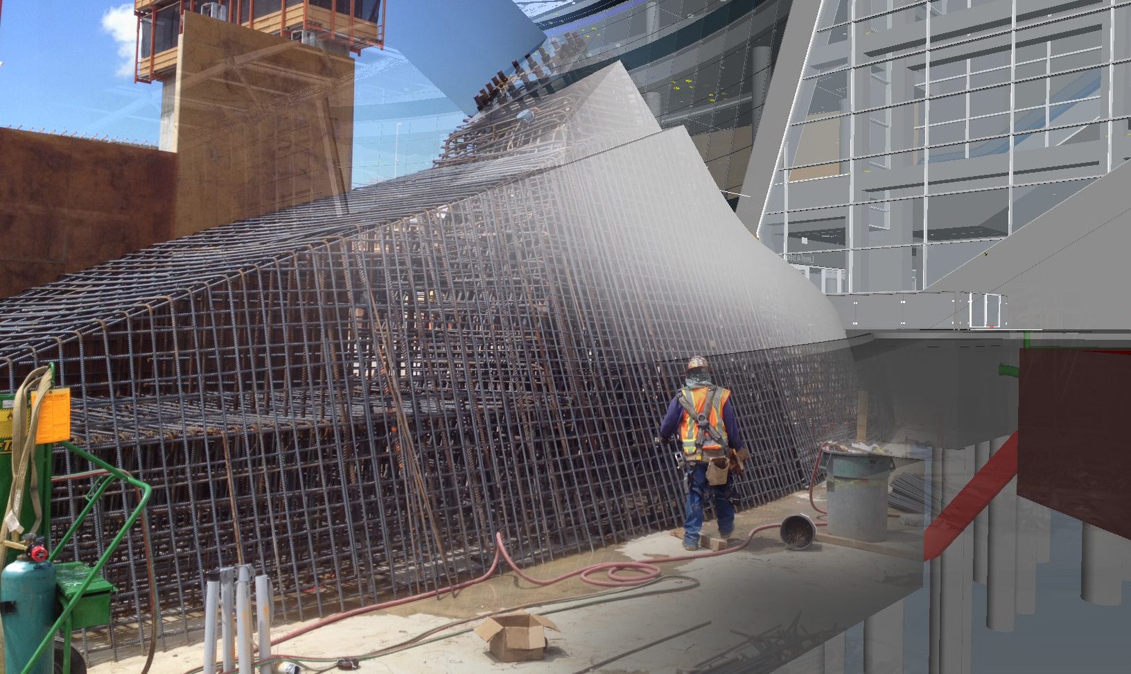 The scale of the base of the light-rail station canopy can be seen in this model/photo composite. The complexity of the rebar enforcement is something that craft workers can view on their iPads with models speeding the work. (Credit: William Lineberry, Design Technology Manager, HNTB)