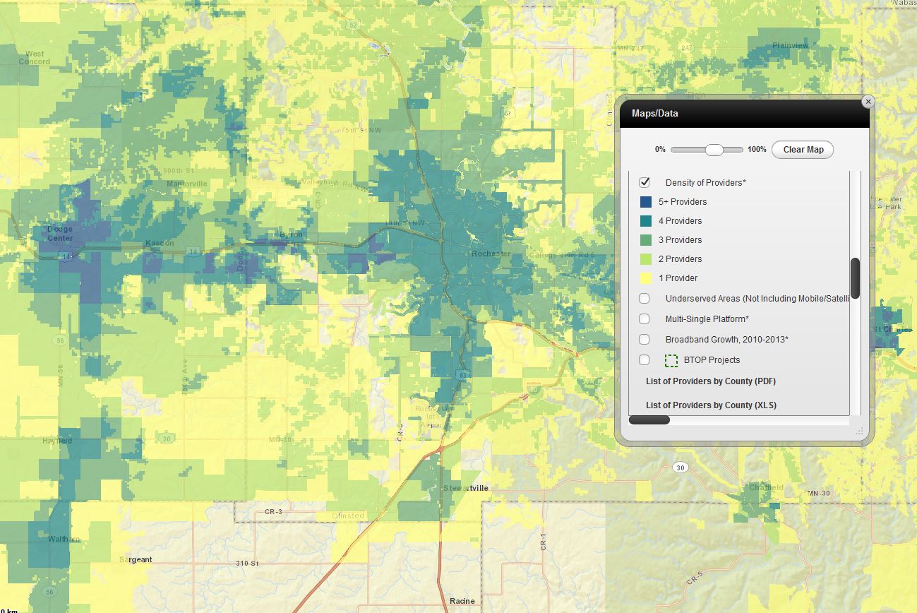 The density of providers analysis depicts the number of broadband service providers available in a given area, not including mobile wireless or satellite services; area displayed is around Rochester, MN.