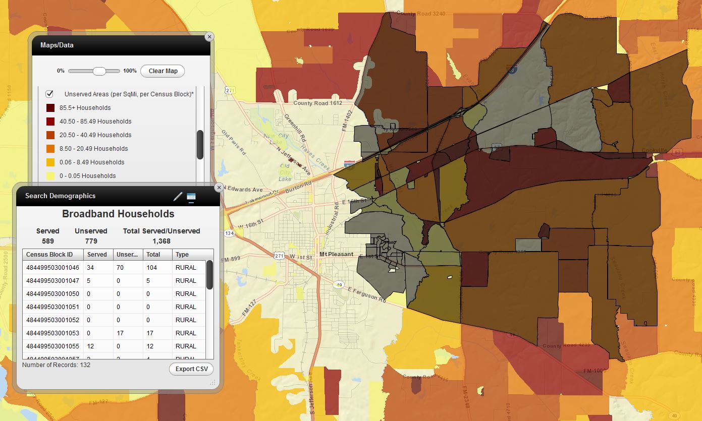 The search demographics tool provides users with broadband demographics at the census block level; area displayed is around Mount Pleasant, TX.