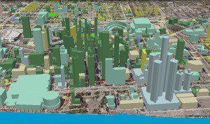 3D Cities sample: 3D buildings models classified by occupancy attributes draped over ortho imagery.