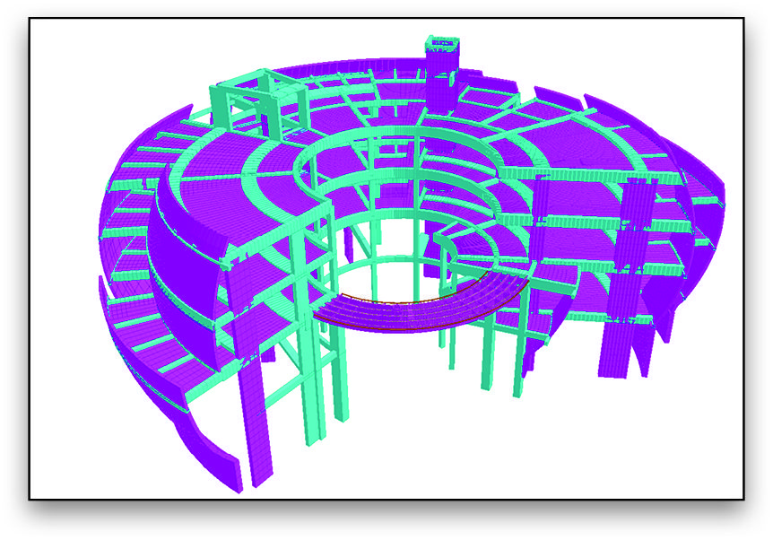 The complex curved wall structural model was rendered and analyzed in 3D  with Bentley Systems' STAAD.Pro.